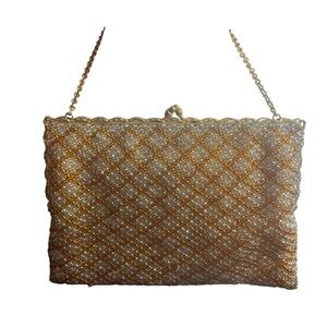 50s evening beaded handbag golden kiss closure gold chain handle